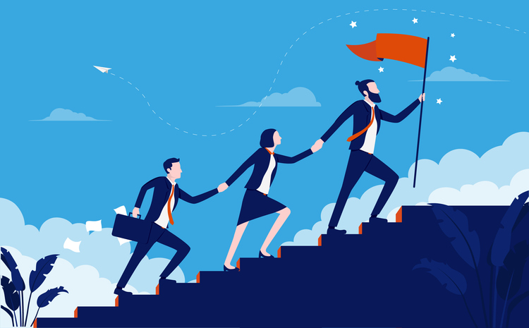 vector image of employees holding hands while climbing some stairs