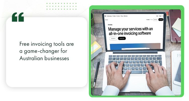 A person using a laptop, showing on-screen text about invoicing software for Australian SMEs.